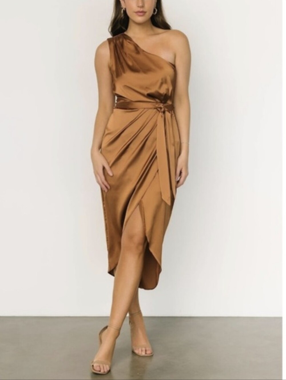 Baltic Born Celia One-Shoulder Satin Midi Dress in BronzeSz.L NWT